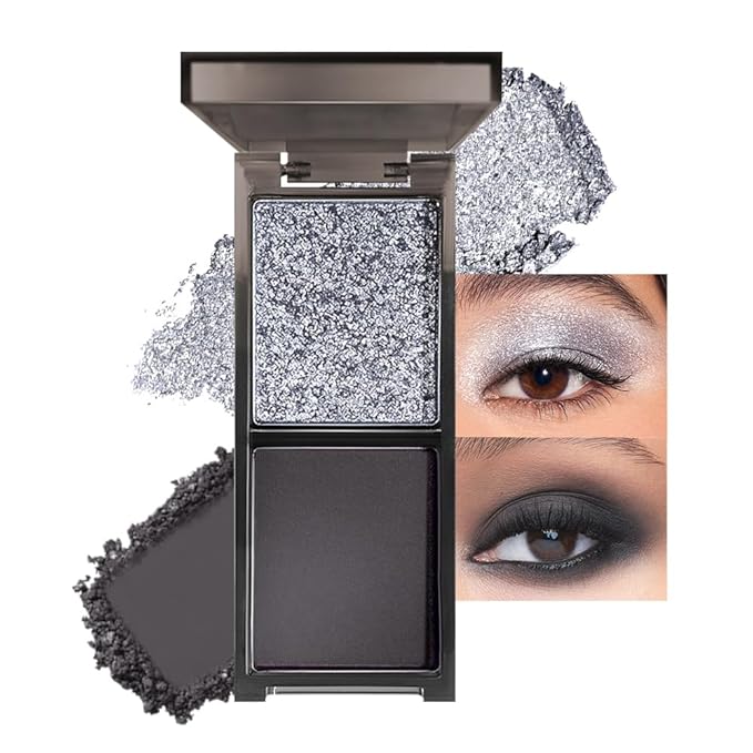 Gray Black Two Color Matte Shimmer Glitter Eyeshadow,Bright High Pigment Eye Shadow Powder,Professional Long-Lasting Waterproof Makeup Palette,Blendable,Easy-To-Apply and Compact for Travel