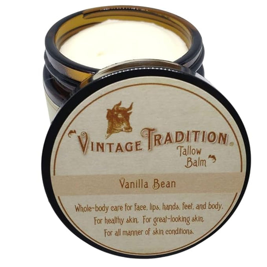 Vintage Tradition Beef Tallow All Purpose Balm - Healing, Hydrating Mild Vanilla Skin Care Salve Replaces Body Lotion, Hand Cream, More - Essential Oil, Olive Oil, and Grass-Fed Tallow, 2 fl. oz.