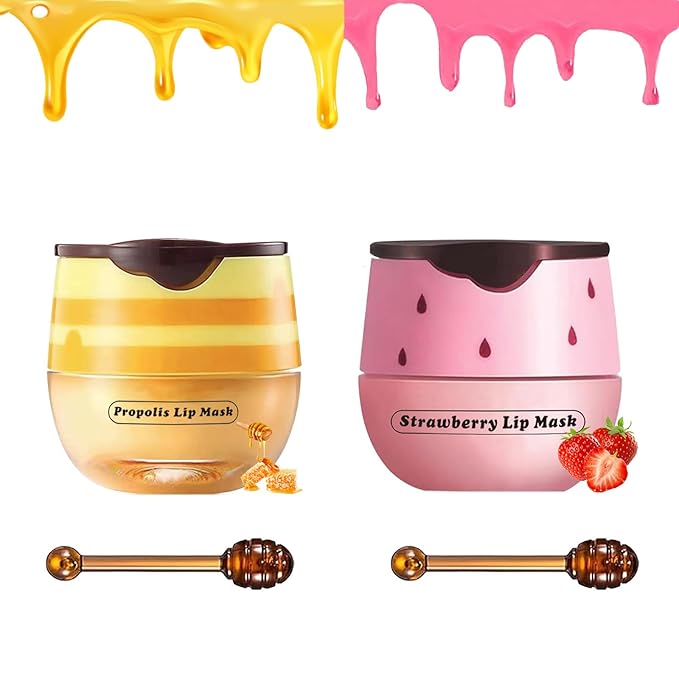 2 PCS Bee Lip Balm Honey Pot, Honey Strawberry Bee Lip Balm Sleeping Lip Mask Overnight with Sticks, Honey Pot Lip Balm Hydrating Exfoliating Prevention Dry and Crack Lip Scrubs