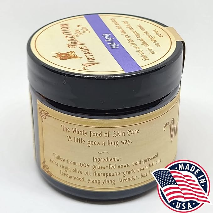 Vintage Tradition Beef Tallow All Purpose Balm - Healing, Hydrating Men’s Skin Care Salve Replaces Body Lotion, Hand Cream, More - Essential Oil, Olive Oil, and Grass-Fed Tallow, 2 fl. oz.