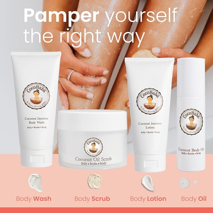 Cocobaba Stretch Mark Relief Set - Belly oil for pregnancy care package | Stretch Mark Cream for Pregnancy | Body wash | Body scrub | First time mom gift | Pregnancy Must have