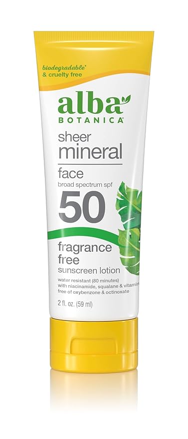 Alba Botanica Sunscreen for Face, Fragrance-Free Sheer Mineral Face Sunscreen Lotion, Broad Spectrum SPF 50, Water Resistant and Biodegradable, 2 fl. oz. Bottle