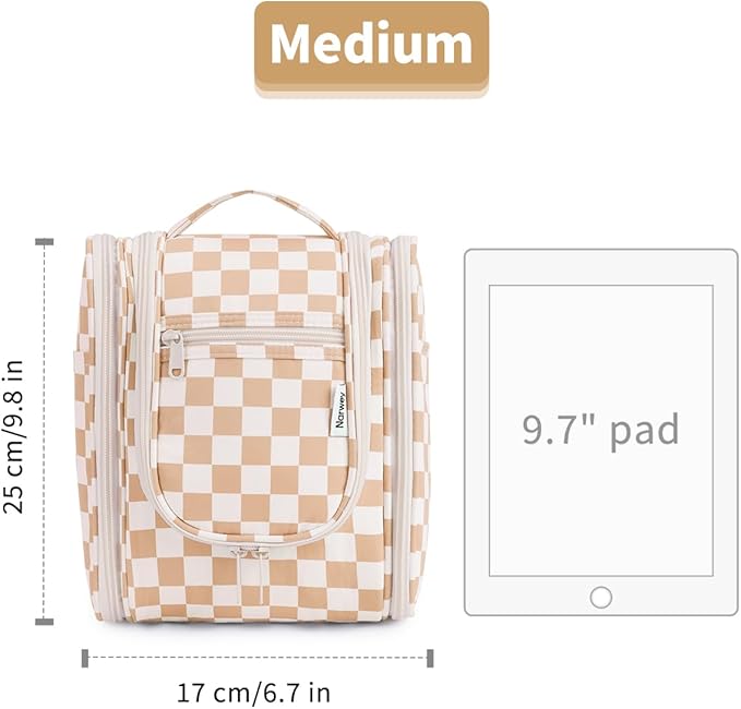 Narwey Small Checkered Hanging Travel Toiletry Bag for Women, Travel Bag for Toiletries, Makeup Bag Organizer Cosmetic Bags Make Up Bags for Women (Light Checkerboard)