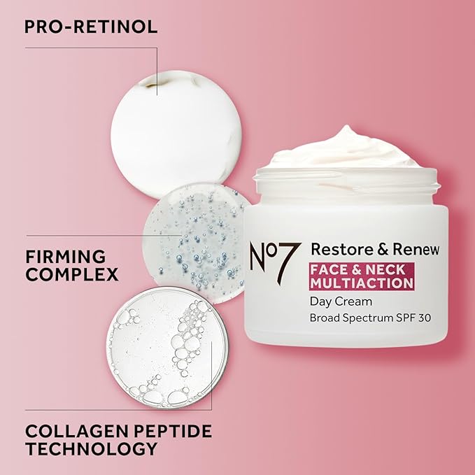 No7 Restore & Renew Multi Action Face & Neck SPF 30 Day Cream - Firming & Hydrating Face Moisturizer with Hyaluronic Acid to Help Visibly Reduce the Appearance of Wrinkles (1.69 Fl Oz)