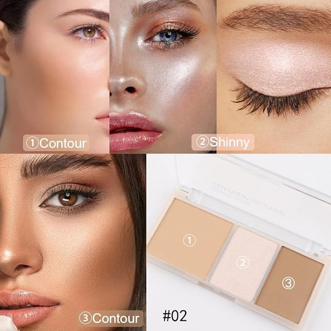 3 IN 1 Brown Nude Face Highlight Bronzer Powder Palette for Face Cheeks Contour Brightening, Buildable Matte Coverage Natural Makeup,Ultra Sculpt Nose Shadow Eyeshadow Primer 02#