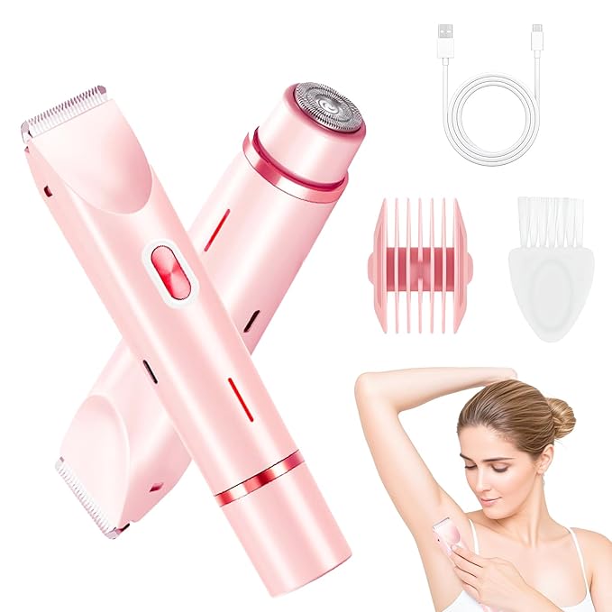 Bikini Trimmer for Women, 2 in 1 Electric Razors for Women, Dermave Bikini Shaver, IPX7 Waterproof & Easy Cleaning, Ceramic Blade, 120 Min Cordless Runtime, Ultra Low Silent (Pink).