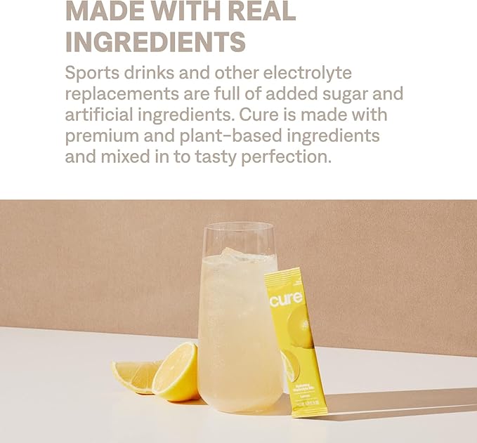 Cure Hydration | Plant-Based Electrolyte Drink Mix | No Added Sugar | Dehydration Relief Powder Made with Coconut Water | Non-GMO | Vegan | 28 Servings Jar - Lemonade