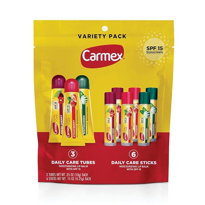 Carmex Daily Care Moisturizing Lip Balm Pack, SPF 15, Multi-Flavor Lip Care Variety Pack Bag, 9 Count (3 Tubes, 6 Sticks)