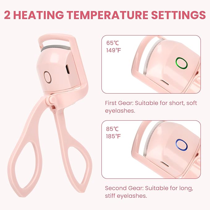 Electric Heated Eyelash Curler for Women – USB Rechargeable Heated Lash Curler with Quick Heat-Up, Multi-Temp Settings, 24H Natural Curl, Anti-Scald Silicone, Portable Makeup Tool, Pink