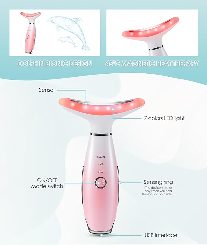 7 Color Neck Face Massager - Facial Massager Tool for Skin Care at Home, Vibrating Face Massager with Thermals, Pink