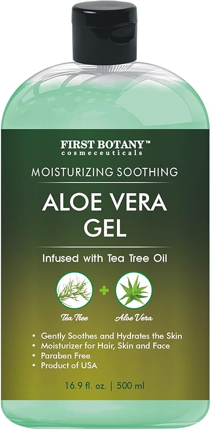 First Botany, Aloe Vera Gel from 100 Percent Pure Aloe Infused with Tea Tree Oil - Natural Raw Moisturizer for Hand Sanitizing Gel, Skin Care, Hair Care, Sunburn, Acne & Eczema -16.9 fl oz | 500 ml