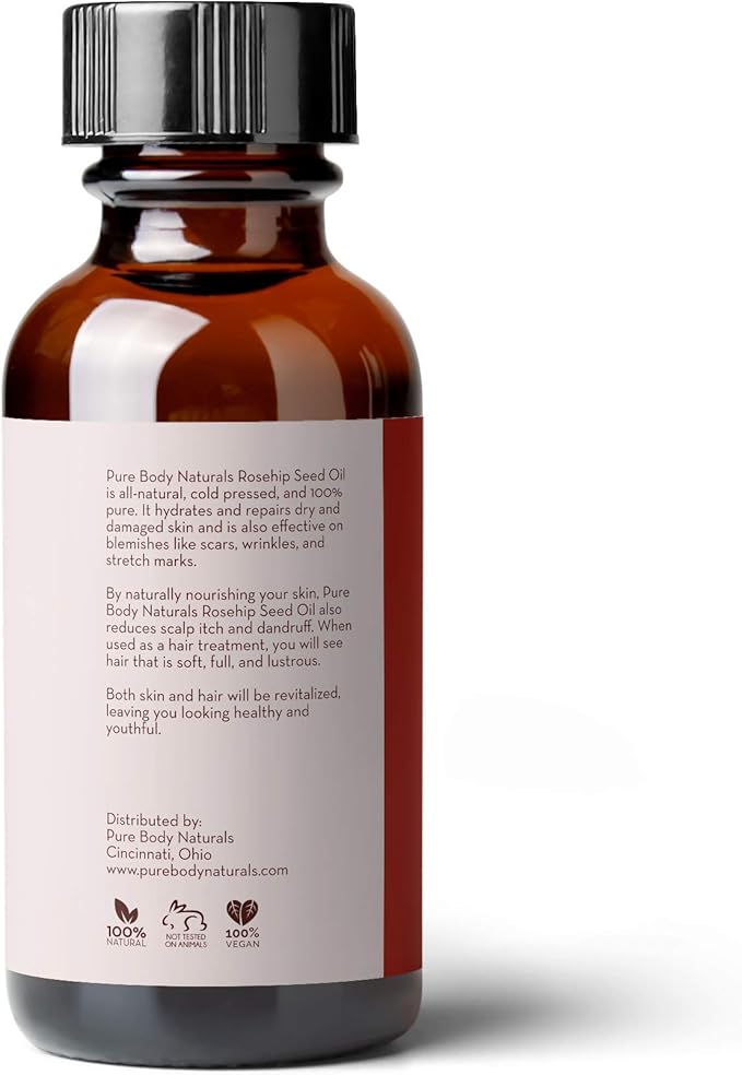 Pure Body Naturals Rosehip Facial Oil, 1 fl oz - for Face, Nails, Hair and Skin - Cold Pressed and Unrefined Moisturizing Oil