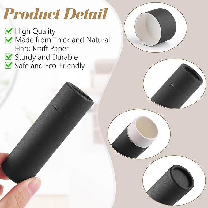 10 Pcs 25g Paperboard Lip Balm Tubes Refillable Krafts Paper Lipstick Tube Round Cardboard Empty Lip Gloss Container Holder Tubes for DIY Chapstick Salve Cosmetic Lotion Solid Perfume - Black