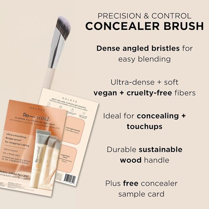 HALEYS Concealer Brush VEGAN+CRUELTY-FREE, Sustainable Wood, Vegan Bristles for Airbrushed Finish, For Creams,Liquids, Powder, Streak-free, Perfect Blending, Buffs, Smooths with Control, Special shape
