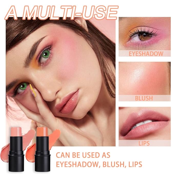 evpct 2Pcs Shimmer Orange Cream Blush Stick for Cheeks Lips Tint Eyes Contour Highlighter Makeup Sticks Lightweight Hydrating formula rubor en crema para los cachetes 02 Coral Pink & 03 Coral Orange