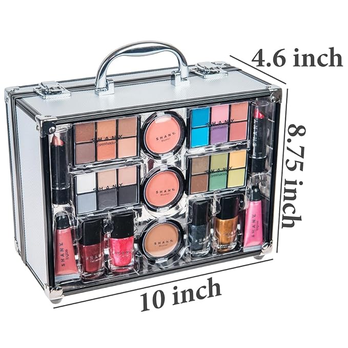 SHANY Carry All Trunk Makeup Train Case with Re-usable Aluminum Makeup Storage Case. Non Toxic Color Make up Set with Eye palettes, Blushes,Makeup Powders, Manicure, Pedicure and Makeup Brushes.