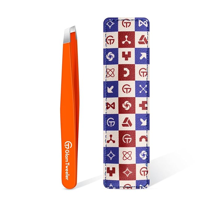 Expert Eyebrow Hair Removal Tweezer with Leather Case, GlamTweeler High Precision Slant Tip Stainless Steel Tweezers for Men and Women (Orange)