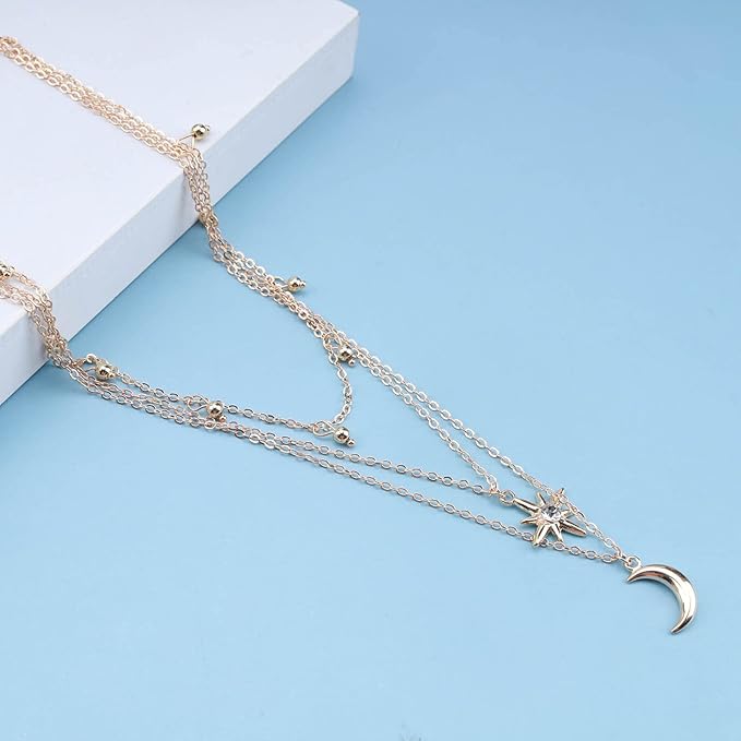 Bohemia Layered Star Choker Necklace Crescent Moon Pendant Necklace Chain Crystal Star Choker Necklace Gold Moon Necklace Jewelry for Women and Girls