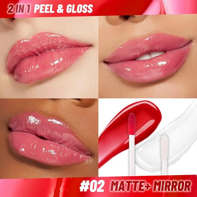 Dewy Rose Lip Stain Peel Off Lip liner and Lip oil with Tweezer, Dual-Ended Peel Off Lip Stain Tattoo, Highly Pigmented Long Lasting Waterproof, Transfer-proof for All Skin Types, 02#