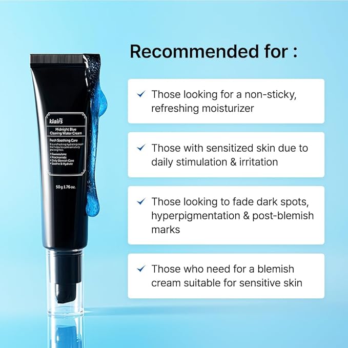 DearKlairs Midnight Blue Clearing Water Gel Cream 1.76 Ounce, Improve Dullness, Pigmentation, Red Spot, Bumps, No irritation, For Oily Skin