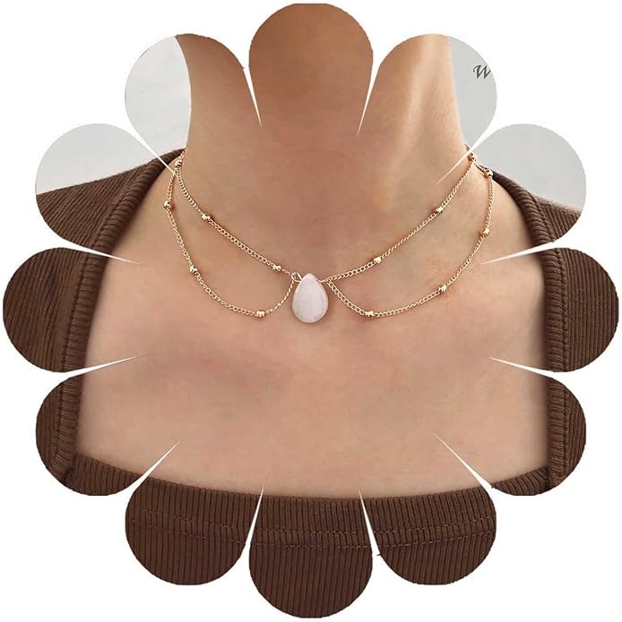 Layered Teardrop Pendant Necklace Teardrop Natural Stone Necklace Teardrop Gemstone Necklace Chain White Teardrop Necklace Choker Gold Satellite Chain Necklace Jewelry for Women and Girls