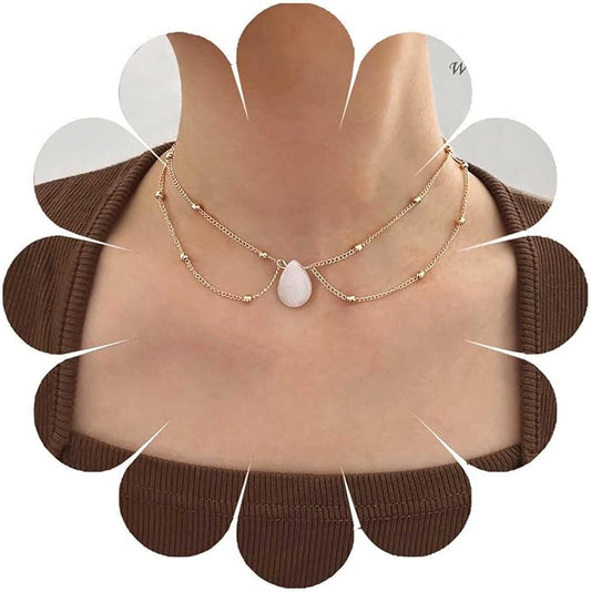 Layered Teardrop Pendant Necklace Teardrop Natural Stone Necklace Teardrop Gemstone Necklace Chain White Teardrop Necklace Choker Gold Satellite Chain Necklace Jewelry for Women and Girls
