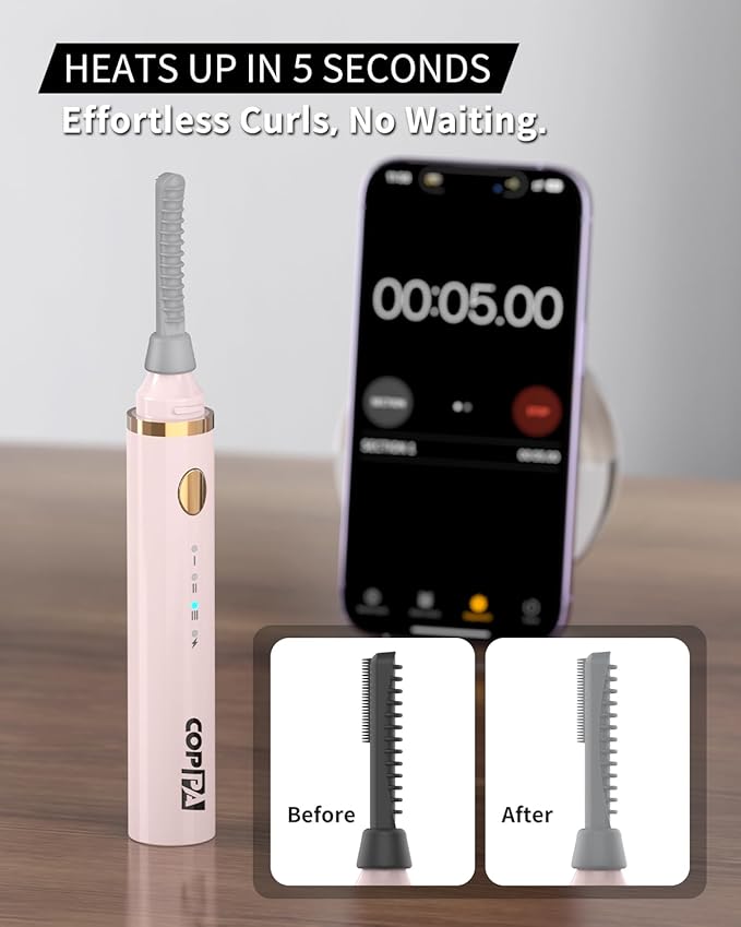 COPPA Electric Lash Curler, LP-1 Lipstick Type 3-in-1 Heated Eyelash Curler with 3 Brush Heads 3 Curling Modes and 3 Temp & 5s Quick Heat-up, Perfect for Beginners and Makeup Pros, Pink
