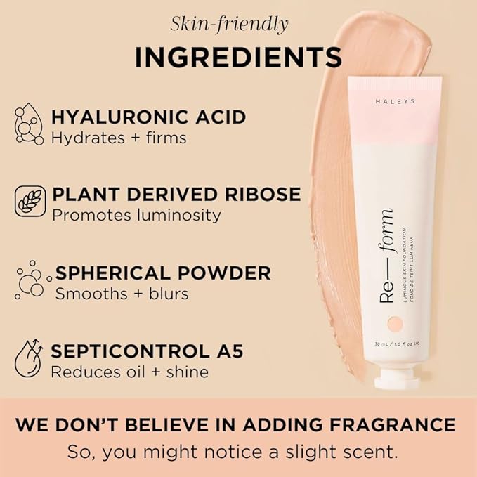 HALEYS Re-form Luminous Skin Foundation, VEGAN + CRUELTY-FREE, Blurs, Conceals, Blendable, Buildable Med-to-Full Coverage, Weightless, Oil-free, All-Day Wear, Hyaluronic Acid, All skin types (4.25)