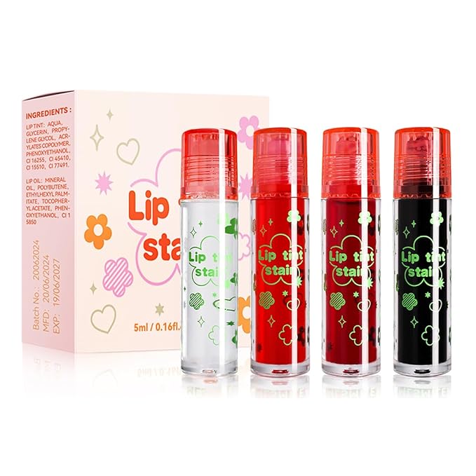 4 Pcs Roll-on Lip Gloss Set, Clear Lip Gloss Glaze Water Light Formula, Plumping Lip Oil, Long Lasting Hydrating & Moisturizing Lip Gloss (Set A, 0.16 Oz/Pcs)