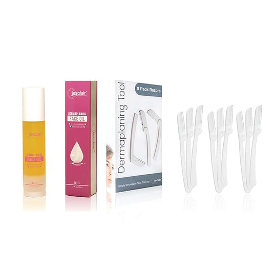 Dermaplaning Tool (9 Count) and Dermaplane Oil Bundle – Easy to Use Face Razor with Smooth Glide Shave Oil for Gentle Exfoliation