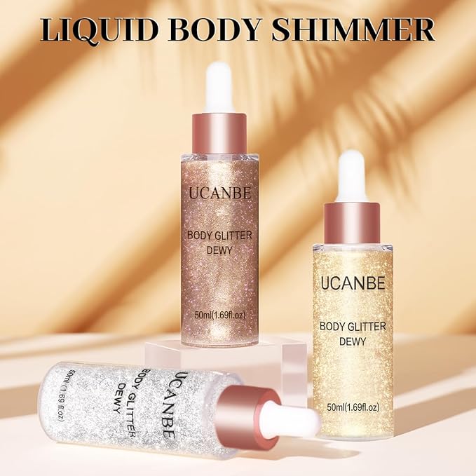 UCANBE Hydrating Body Shimmer Face Glitter Highlighter Makeup Liquid Glow Lotion for Women Holographic Luminizer for Hair for Valentine's Day Gifts (Champagne Gold - 01)