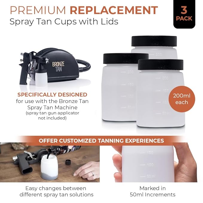 Bronze Tan Spray Tan Replacement Cups with Lids (3Pack) For Bronze Tan Spray Tan Machine 200ml - Machine Not Included - Storage Bottles for DHA Spray Tan