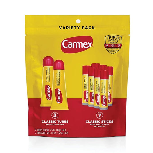 Carmex Classic Medicated Lip Balm Pack, Lip Moisturizer for Chapped Lips, 9-Count Variety Pack Bag (2 Tubes, 7 Sticks)