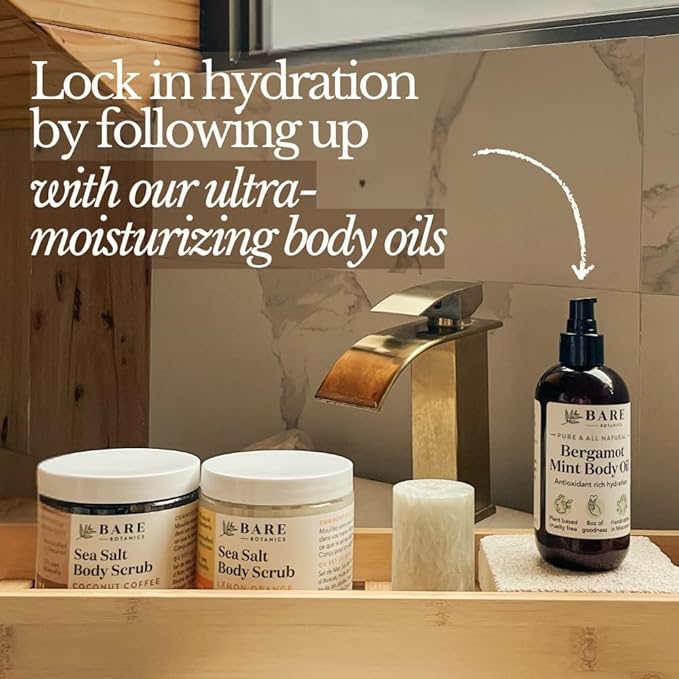 Bare Botanics Lavender Tea Tree Body Scrub 24oz | Made in Madison, WI | All Natural Sea Salt Exfoliator w/ Skin Loving Moisturizers | Vegan & Cruelty Free | Gift Ready Packaging w/ a Cute Wooden Spoon