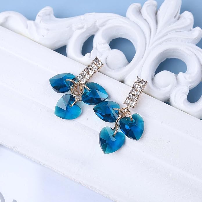 Boho Sapphire Tassel Earrings Blue Crystal Heart Earrings Gold Cz Bar Stud Earrings Blue Cz Heart Drop Earrings Blue Rhinestone Earrings Jewelry for Women