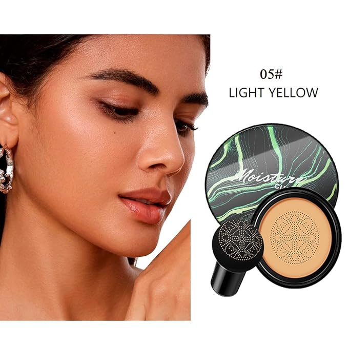 Air Cushion CC Cream Mushroom Head Foundation,BB Cream Makeup Foundation,Moisturizing Concealer,Long Lasting Full Coverage Waterproof,Even Skin Tone for All Skin Types (5# Light Yellow, 20g)