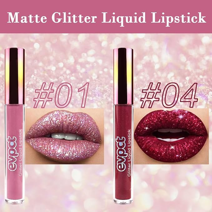 evpct 2Pcs Mauve & Dark Red Matte to Glitter Liquid Lipstick Set Kit for Women Long Lasting Glossy Metallic Shimmer Sparkle Lipstick Lip Gloss 01+04