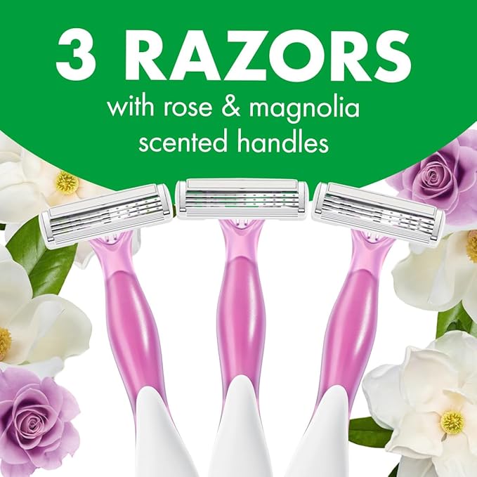 BIC Soleil Escape Women's Disposable Razors, 3 Blades for a Comfortable Shave, Pack of Rose and Magnolia Scented Handle Shaving Razors for Women, 3 Count