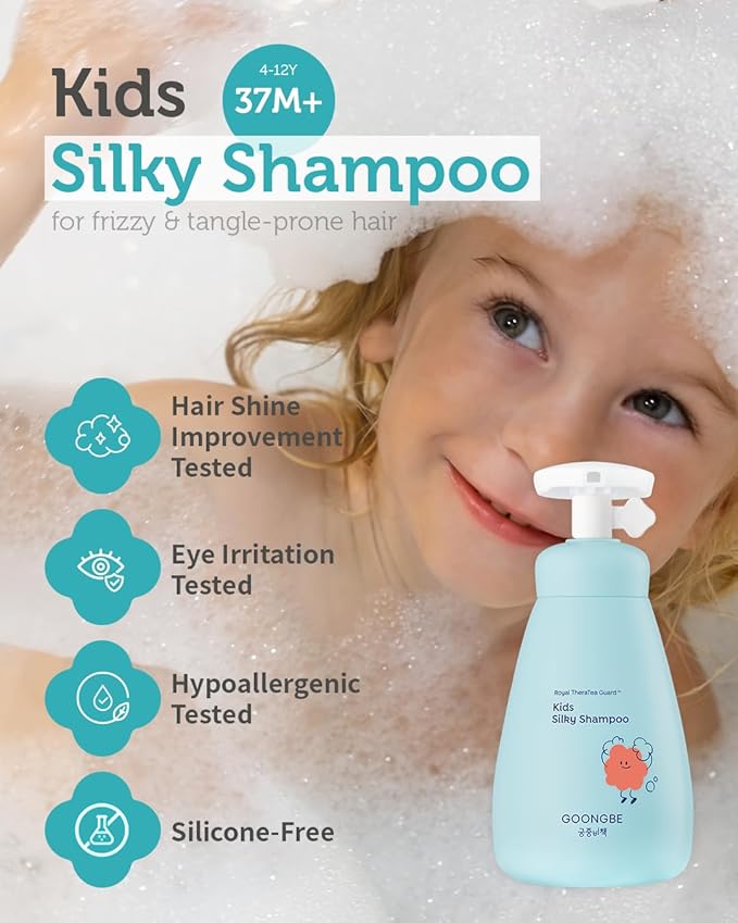 Kids' Silky Shampoo - Korean Kids Hair Softening Shampoo - Shiny and Glossy Hair for Weak, Frizzy and Tangle Prone Hair - Low pH & Silicone-Free Formula - Allergen Free Scent, 10.1 fl.oz.