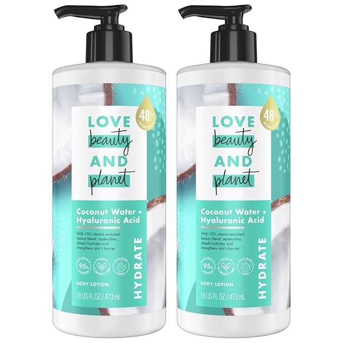 Love Beauty And Planet Lotion - Moisturizing Coconut Lotion with Hyaluronic Acid, Natural Body Lotion for Women, Dry Skin Lotion Scented with Mimosa Flower Extract, 16 Fl Oz (Pack of 2)