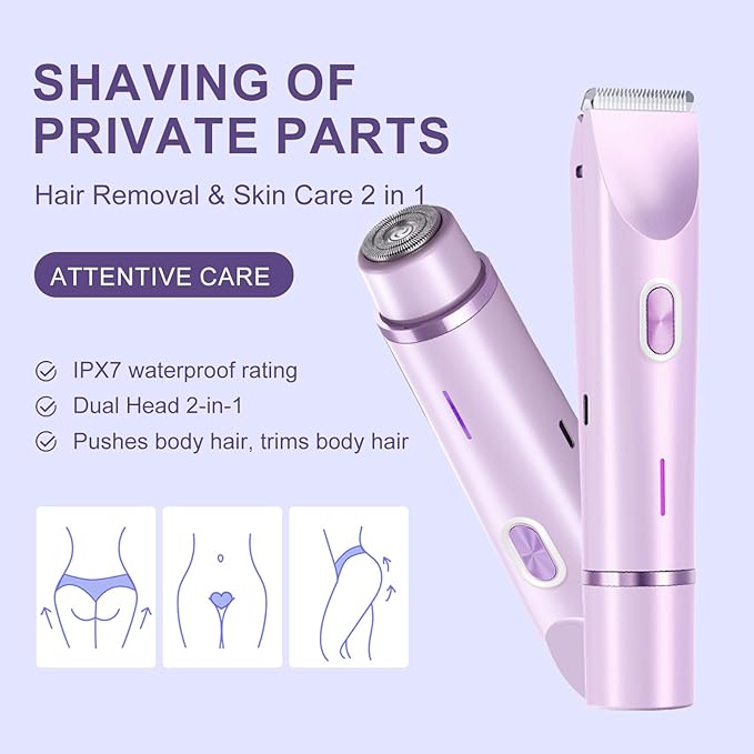 Dermave Bikini Shaver - Electric Bikini Trimmer for Women, Dual Head Shaver Painless Hair Removal for Face, Body & Intimate Areas (Purple)