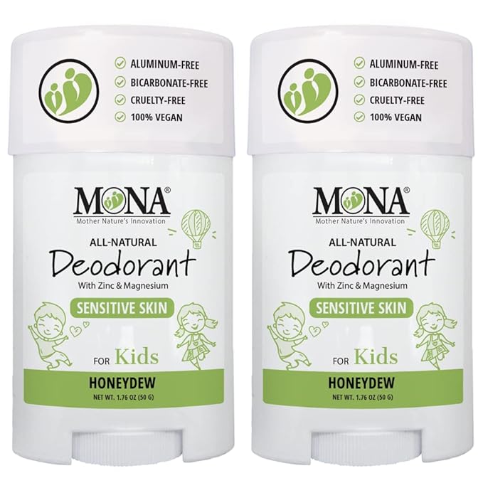 MONA Brands KIDS Deodorant for Girls, Boys, Preteens & Teens | Safe for Sensitive Skin - No Baking Soda, Aluminum or Synthetic scents | (2-PK HONEYDEW 1.76 Oz each)