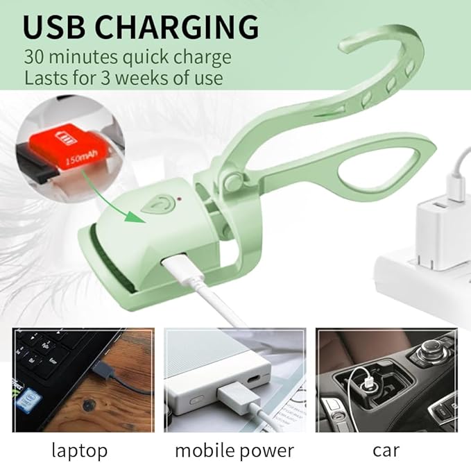 Heated Eyelash Curler – 5s Fast Heat-Up, 24H Long-Lasting Curls, Safe Anti-Burn Design – Rechargeable C-Shaped Electric Lash Curler for Stunning, Effortless Lashes, Green