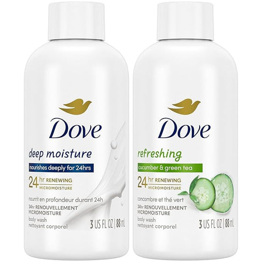 Dove Body Wash Travel Essentials Variety 2-Pack – Refreshing Cucumber & Green Tea + Deep Moisture Nourishing Body Washes, 3 Oz Ea