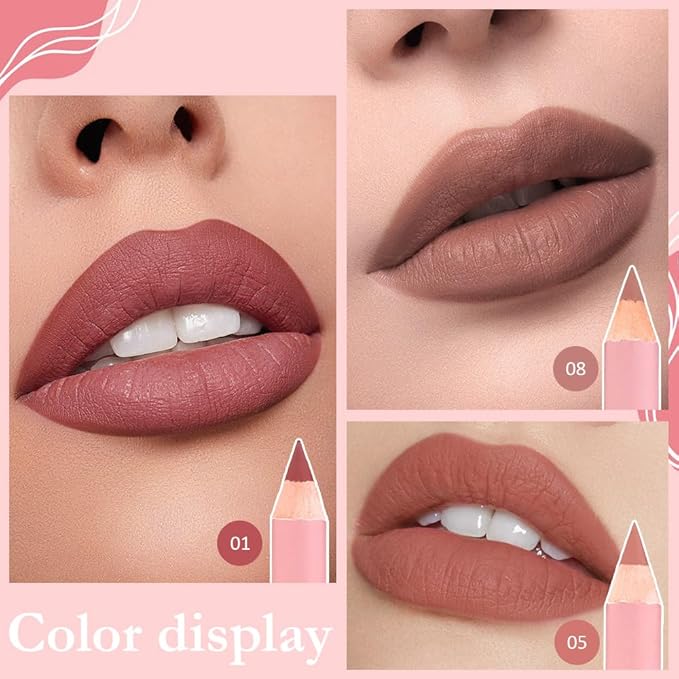 12 Pcs Natural Nude Brown Beige Colors Lip Liner Lipstick Pencils Set for Daily Makeup,Easy to Apply & Remove,Waterproof