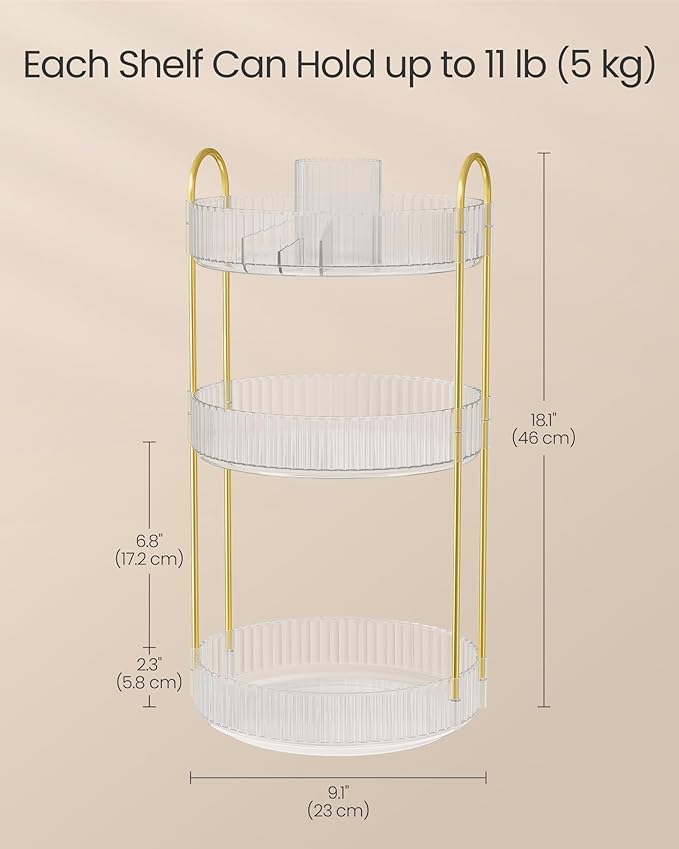 SONGMICS Makeup Organizer, 3-Tier Round Rotating Skincare Organizer Countertop, Customizable, Toiletries Vanity Organizer, Lazy Susan, Gift, Transparent UJKA011W02