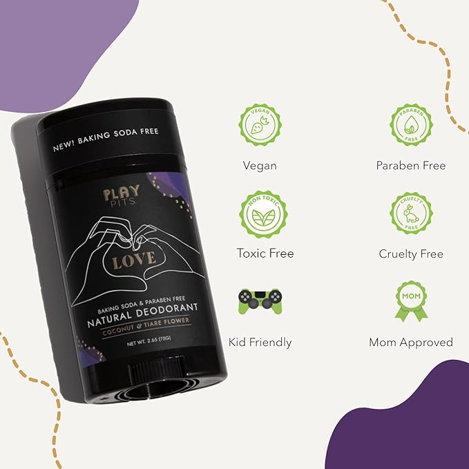 PLAY PITS - 2 Pack - Natural Deodorant - Safe for Men & Women w/Sensitive Skin - Clean, Non-Toxic, & Paraben Free – LOVE Scent - Infused w/Essential Oils – 2.65 Oz.
