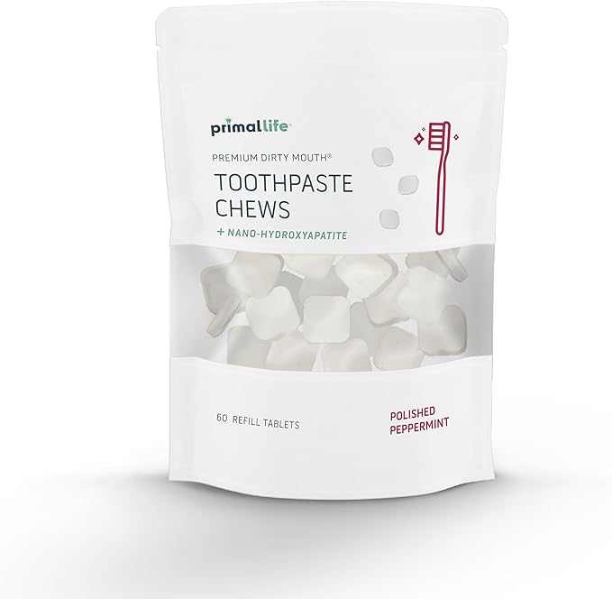 Primal Life Organics Premium Dirty Mouth Toothpaste Chews – Nano-Hydroxyapatite Whitening Toothpaste Tablets for Adults - Gluten Free, Vegan, Paleo - 60 Tablets in Bag - Polished Peppermint