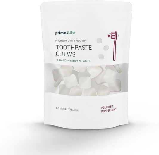 Primal Life Organics Premium Dirty Mouth Toothpaste Chews – Nano-Hydroxyapatite Whitening Toothpaste Tablets for Adults - Gluten Free, Vegan, Paleo - 60 Tablets in Bag - Polished Peppermint