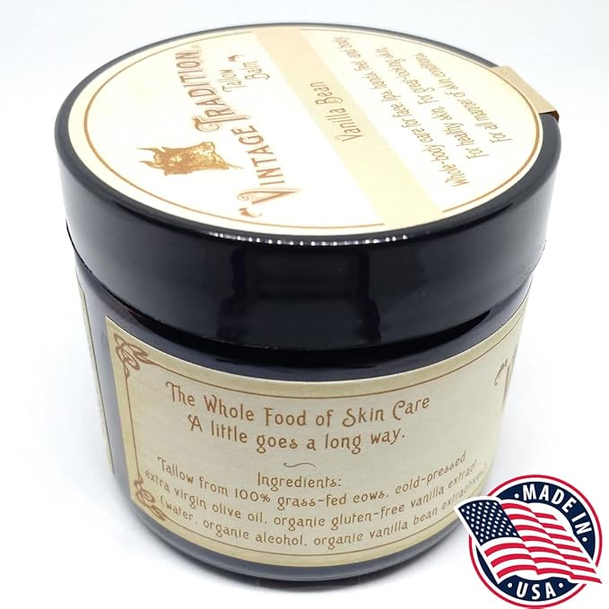 Vintage Tradition Beef Tallow All Purpose Balm - Healing, Hydrating Mild Vanilla Skin Care Salve Replaces Body Lotion, Hand Cream, More - Essential Oil, Olive Oil, and Grass-Fed Tallow, 2 fl. oz.